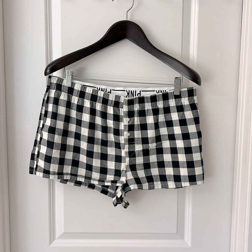 PINK Victoria’s Secret pajama boxer bottoms, black/cream plaid, size L